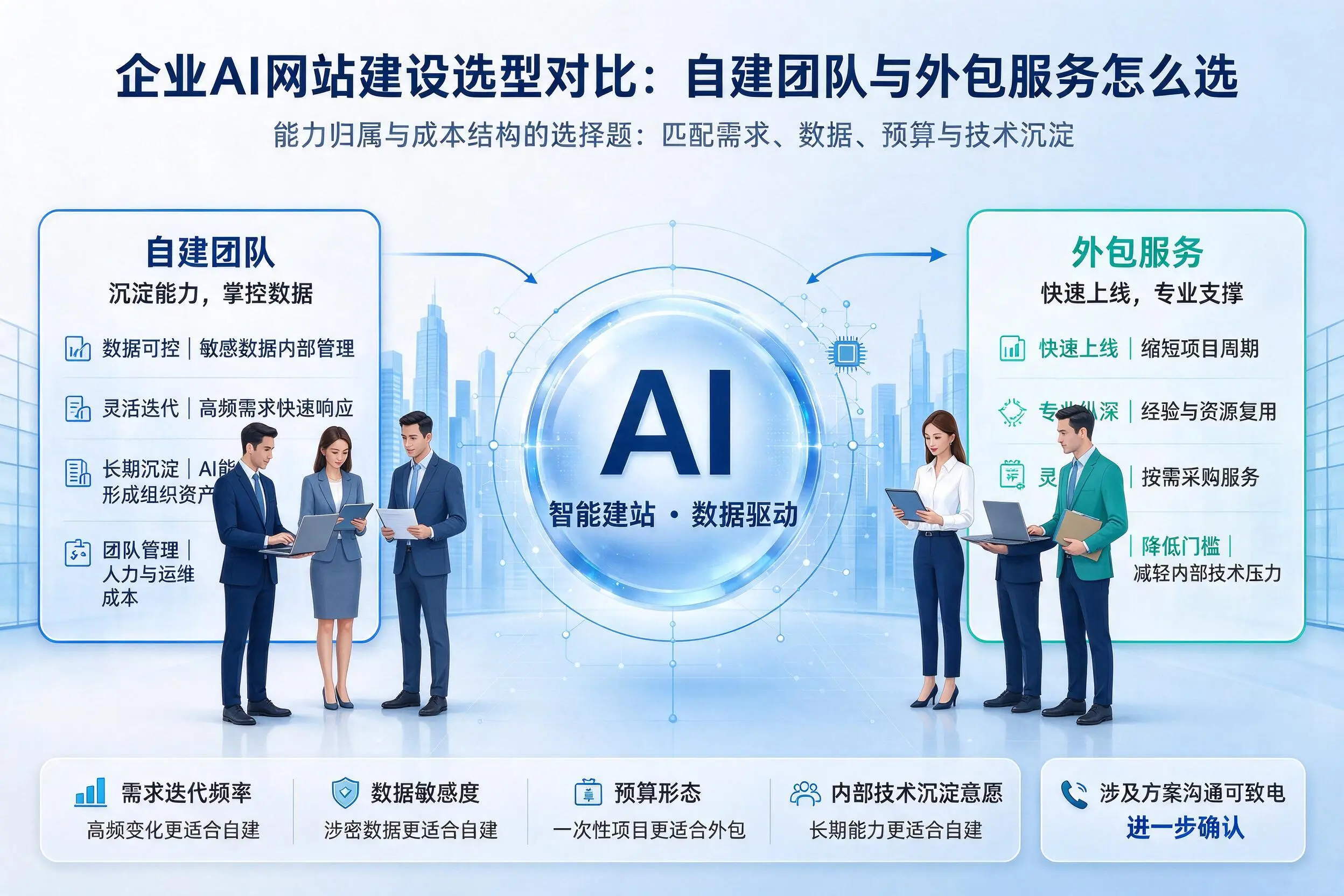 防城港企业AI网站建设选型对比：自建团队与外包服务怎么选